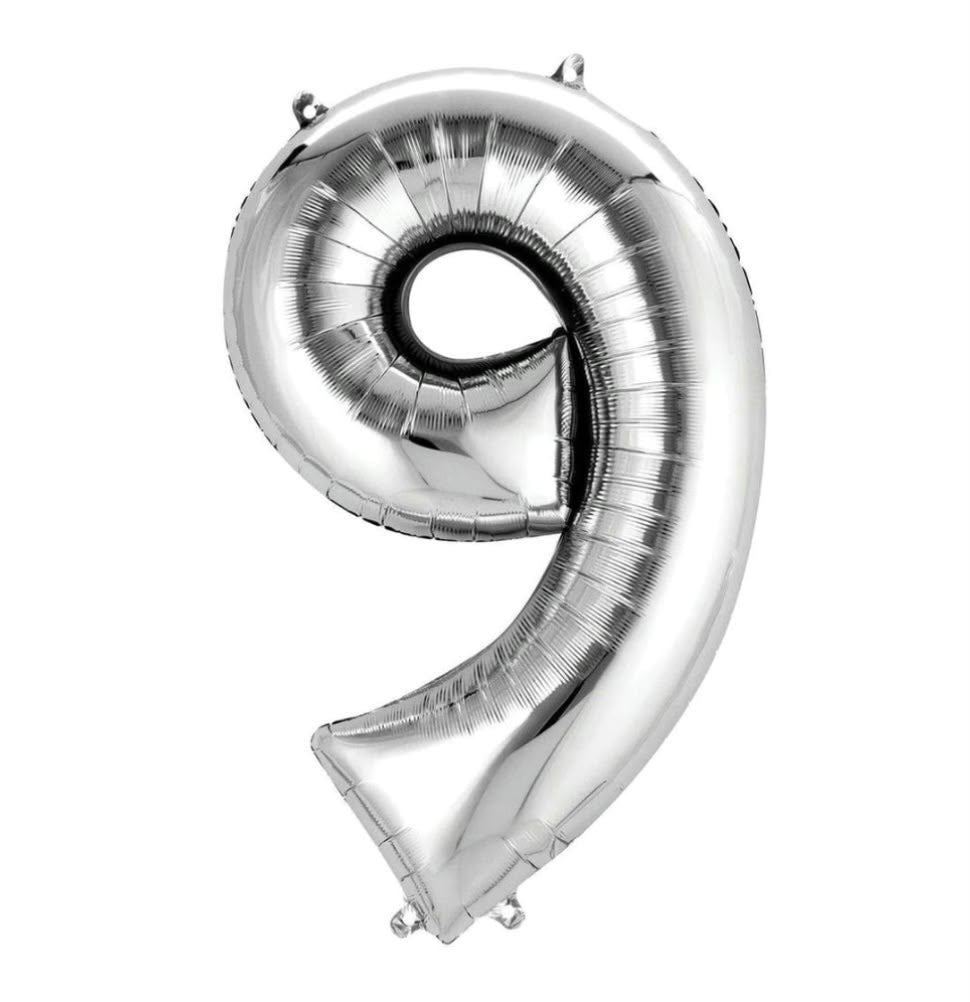 בלון ספרה 9 בגודל 34 אינץ בצבע כסף